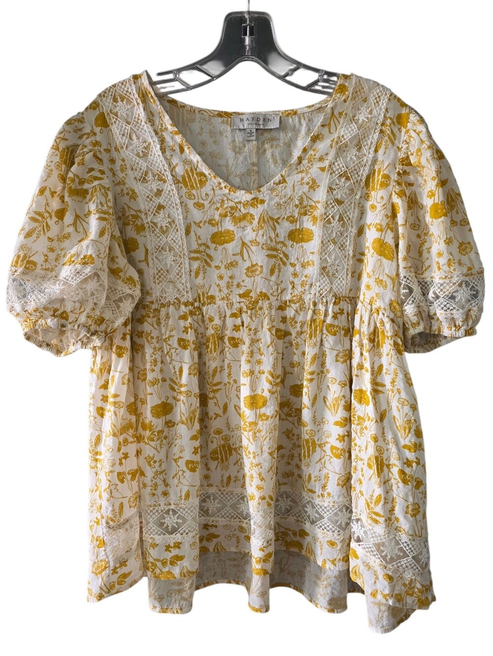 Hayden Los Angeles Mustars Yellow & White Floral Babydoll Top Size Small
